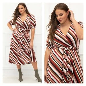 ELOQUII Red Brown Striped Short Sleeve Tie Waist Midi Dress Size 14 Plus Size